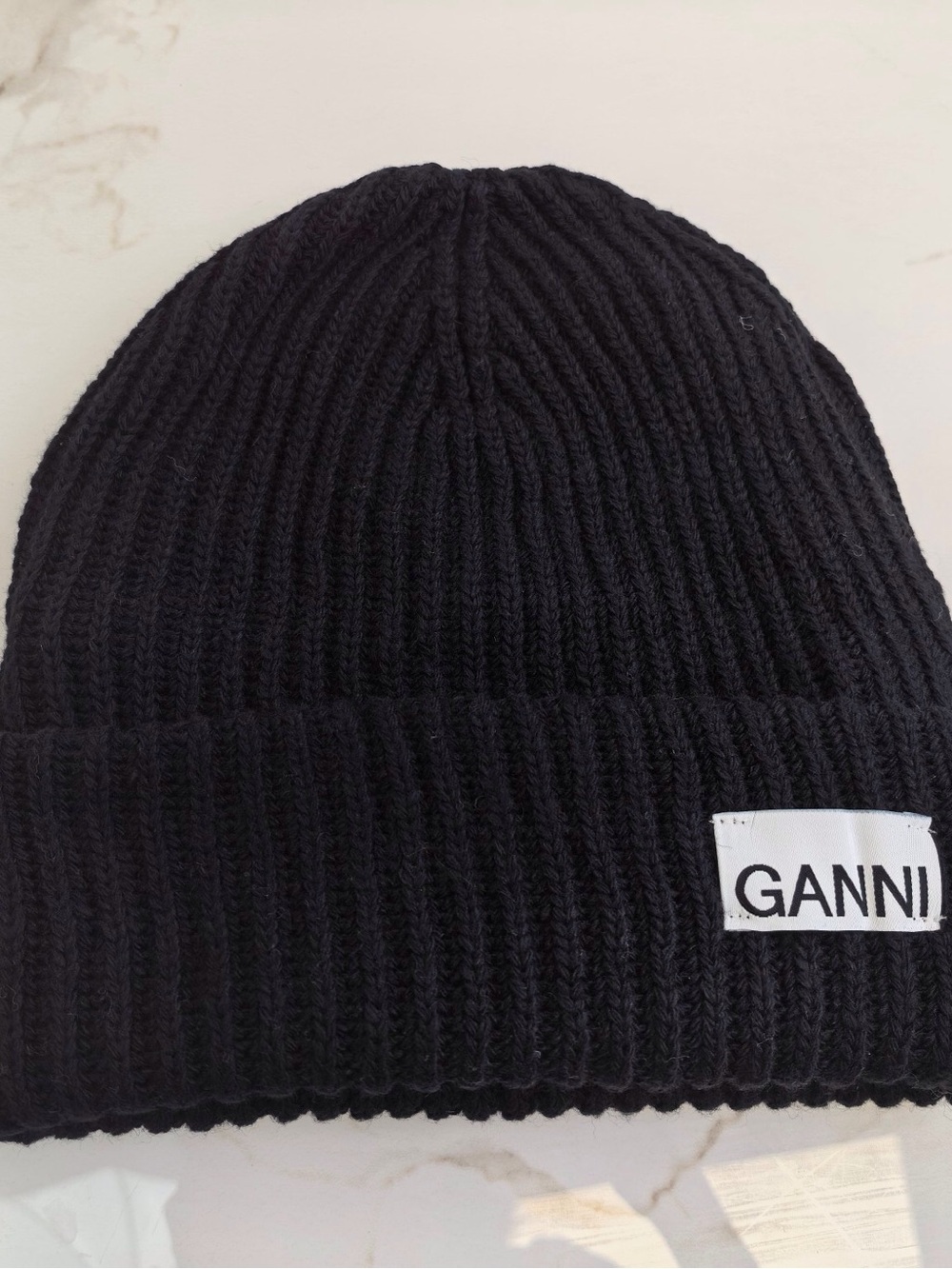 Ganni Black Ribbed Cuffed Beanie with Label